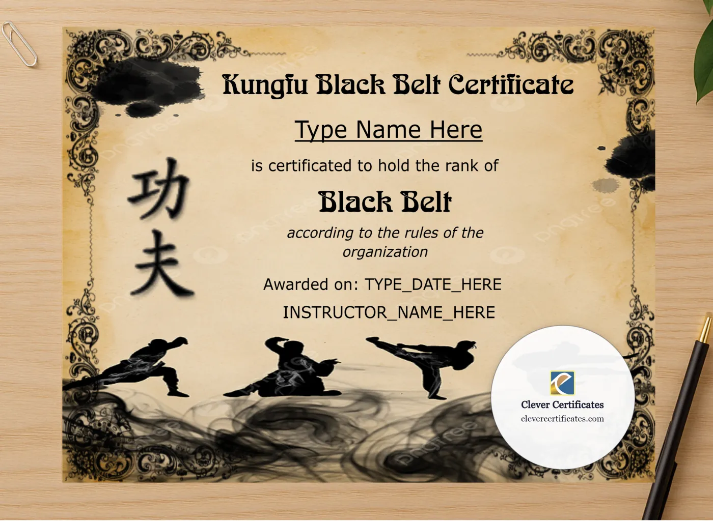 Professional preview of Customizable Kungfu Black Belt Certificate certificate on high-quality stationery paper, ideal for showcasing the final look.