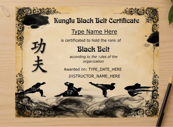 Professional preview of Customizable Kungfu Black Belt Certificate certificate on high-quality stationery paper, ideal for showcasing the final look.