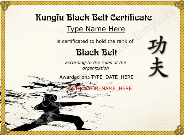 Professional Kungfu Black Belt Certificate
