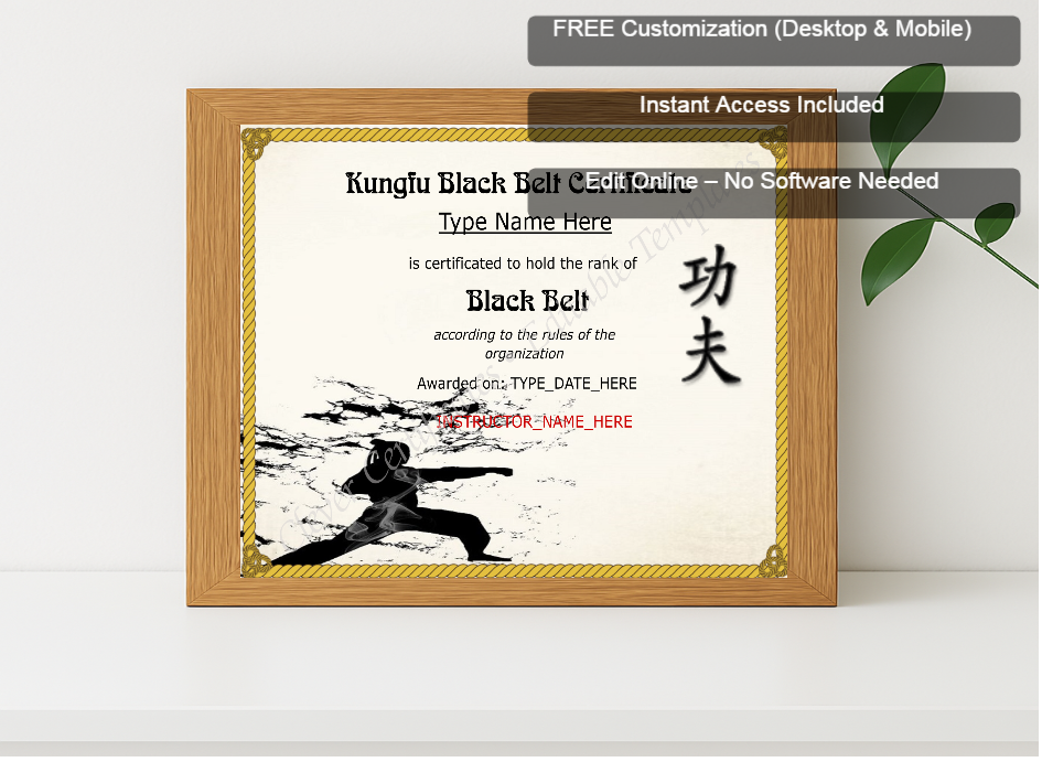 Premium mockup with Free Editor badge stack for Professional Kungfu Black Belt Certificate
