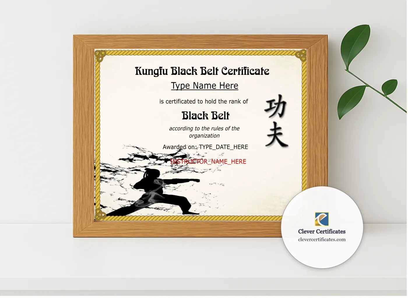 Realistic mockup featuring Professional Kungfu Black Belt Certificate displayed within a modern frame, set against a minimalistic background.