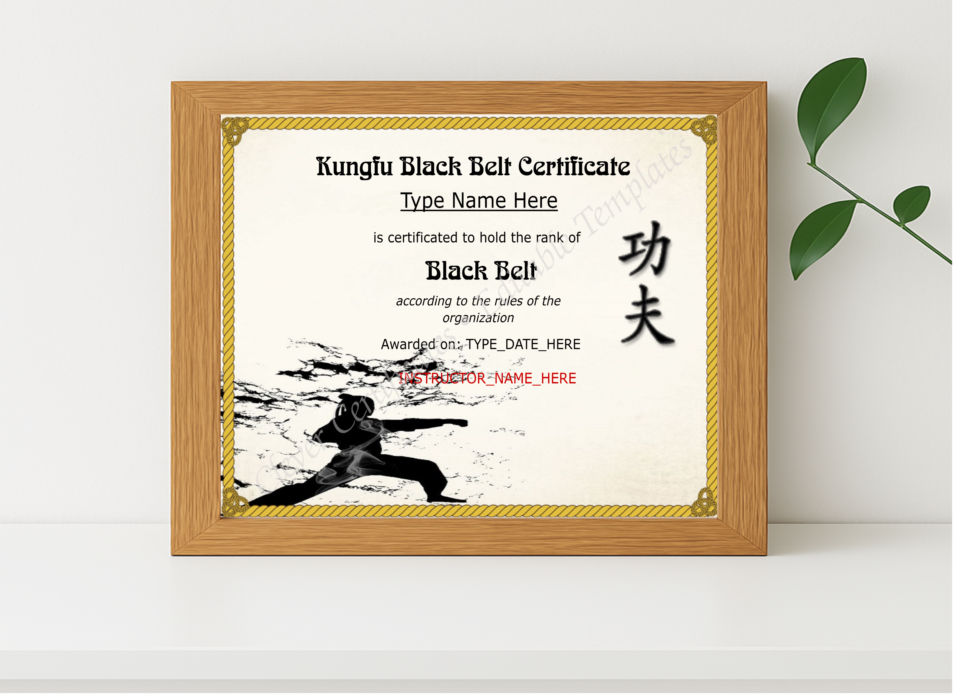 Realistic mockup featuring Professional Kungfu Black Belt Certificate displayed within a modern frame, set against a minimalistic background.