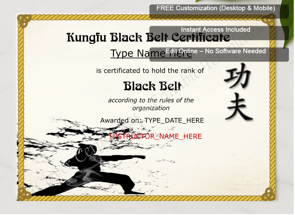 Framed preview featuring Free Editor badge stack for Professional Kungfu Black Belt Certificate