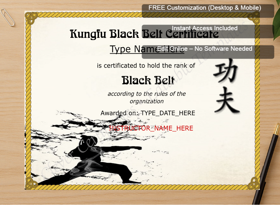 Zoomed preview with Free Editor badge stack for Professional Kungfu Black Belt Certificate