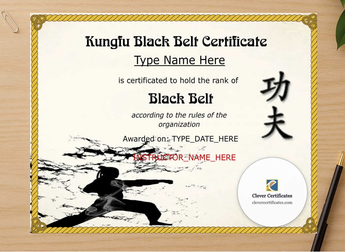 Professional preview of Professional Kungfu Black Belt Certificate certificate on high-quality stationery paper, ideal for showcasing the final look.