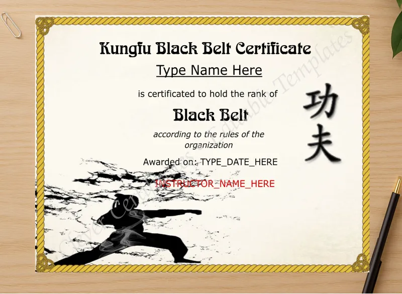 Professional preview of Professional Kungfu Black Belt Certificate certificate on high-quality stationery paper, ideal for showcasing the final look.