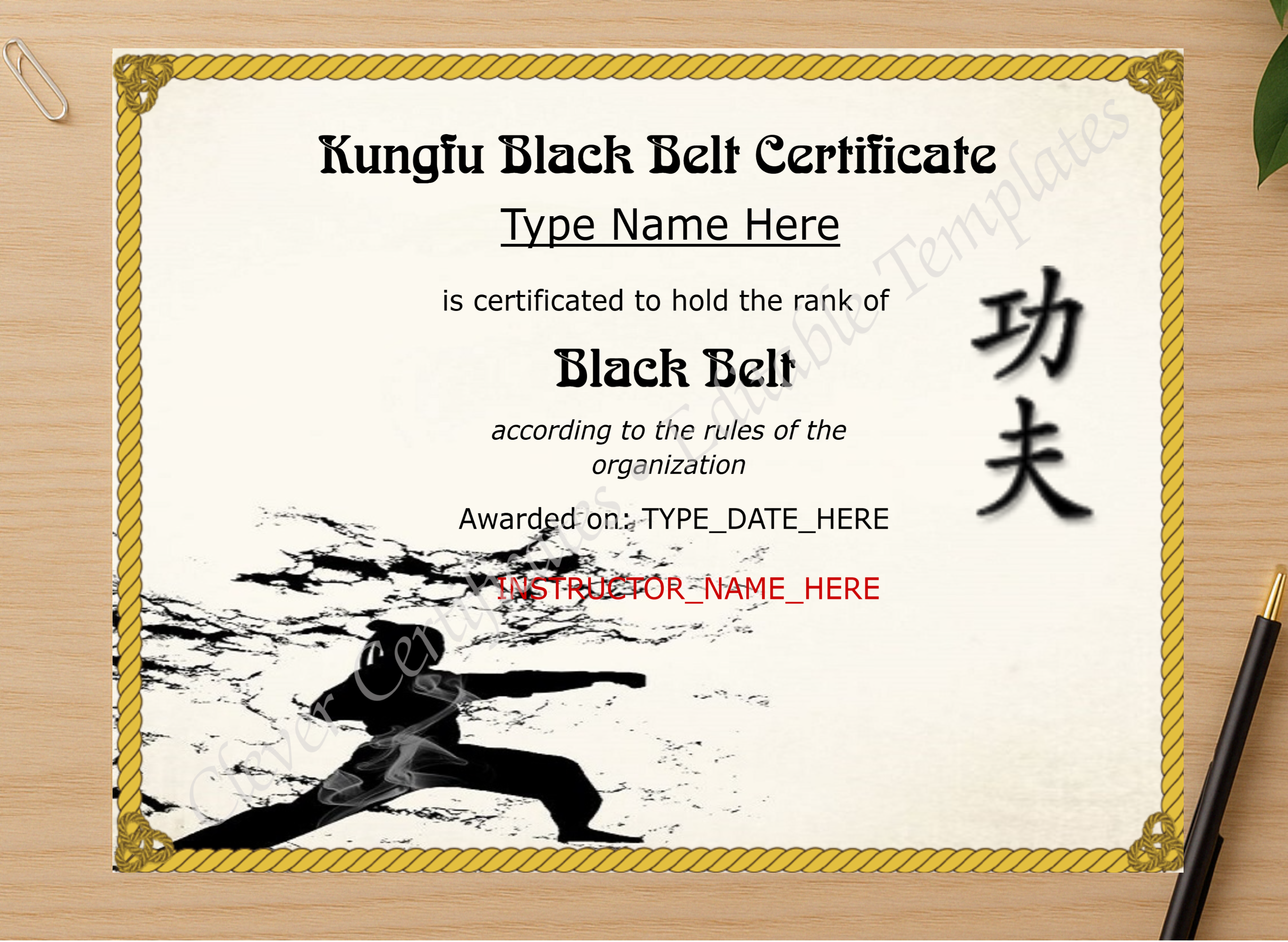 Professional preview of Professional Kungfu Black Belt Certificate certificate on high-quality stationery paper, ideal for showcasing the final look.
