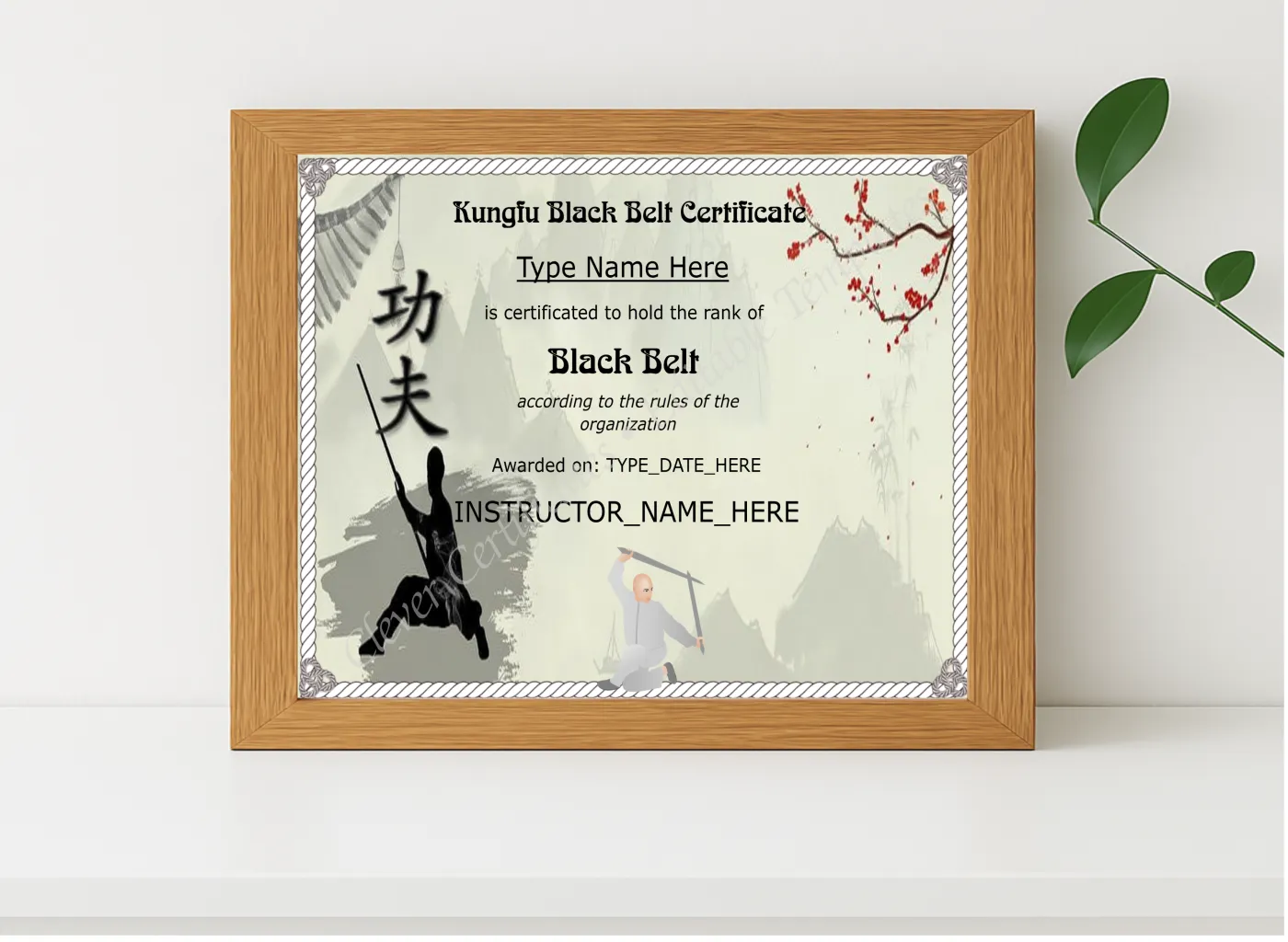 Realistic mockup featuring Modern Kungfu Black Belt Certificate displayed within a modern frame, set against a minimalistic background.