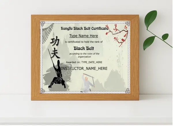 Realistic mockup featuring Modern Kungfu Black Belt Certificate displayed within a modern frame, set against a minimalistic background.
