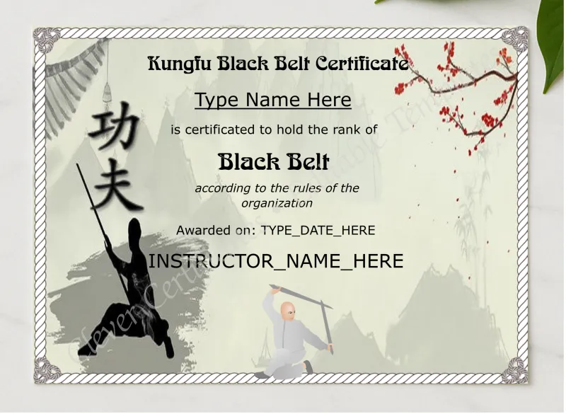 Modern Kungfu Black Belt Certificate presented in a sleek wooden frame, elegantly arranged on a stylish table.