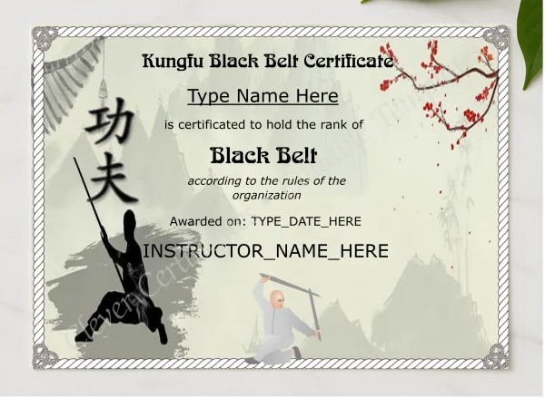 Modern Kungfu Black Belt Certificate presented in a sleek wooden frame, elegantly arranged on a stylish table.