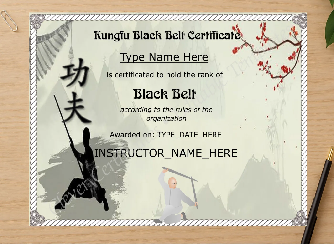 Professional preview of Modern Kungfu Black Belt Certificate certificate on high-quality stationery paper, ideal for showcasing the final look.