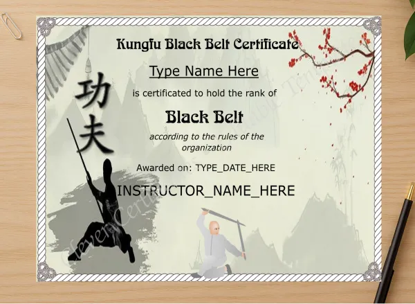Professional preview of Modern Kungfu Black Belt Certificate certificate on high-quality stationery paper, ideal for showcasing the final look.