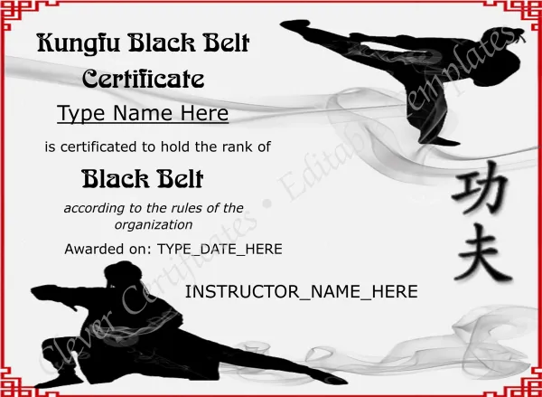 Elegant Kungfu Black Belt Certificate