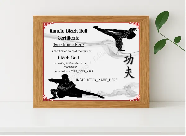 Realistic mockup featuring Elegant Kungfu Black Belt Certificate displayed within a modern frame, set against a minimalistic background.