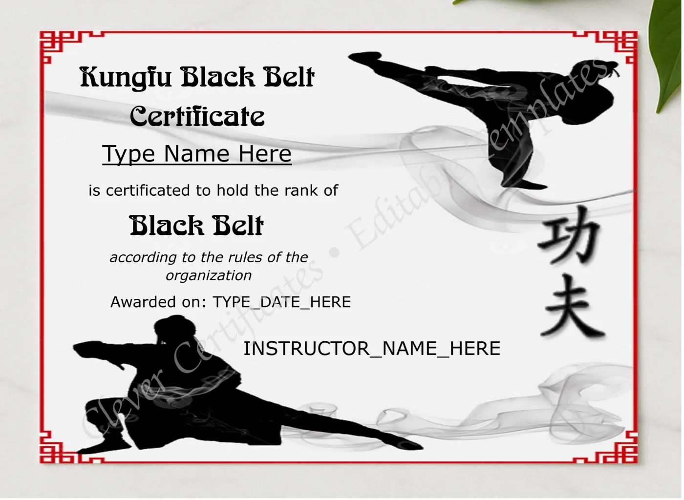 Elegant Kungfu Black Belt Certificate presented in a sleek wooden frame, elegantly arranged on a stylish table.