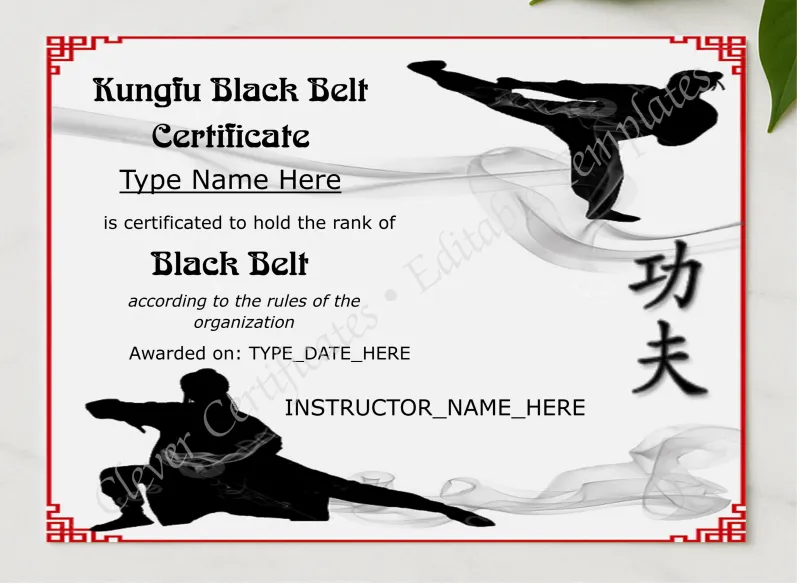 Elegant Kungfu Black Belt Certificate presented in a sleek wooden frame, elegantly arranged on a stylish table.