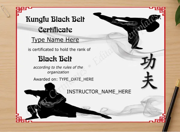 Professional preview of Elegant Kungfu Black Belt Certificate certificate on high-quality stationery paper, ideal for showcasing the final look.