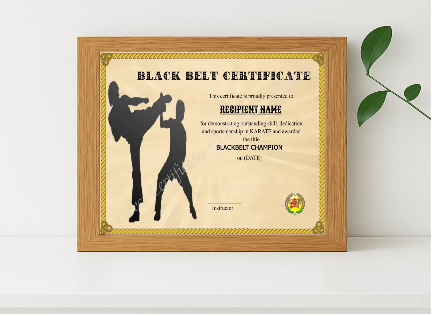 Realistic mockup featuring Editable Blackbelt Award displayed within a modern frame, set against a minimalistic background.
