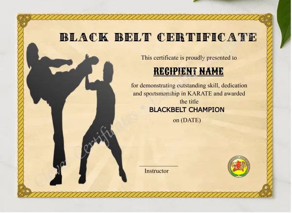 Editable Blackbelt Award presented in a sleek wooden frame, elegantly arranged on a stylish table.