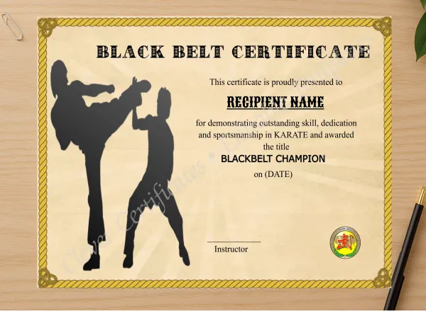 Professional preview of Editable Blackbelt Award certificate on high-quality stationery paper, ideal for showcasing the final look.