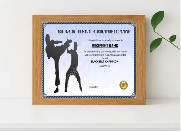Realistic mockup featuring Printable Blackbelt Award displayed within a modern frame, set against a minimalistic background.