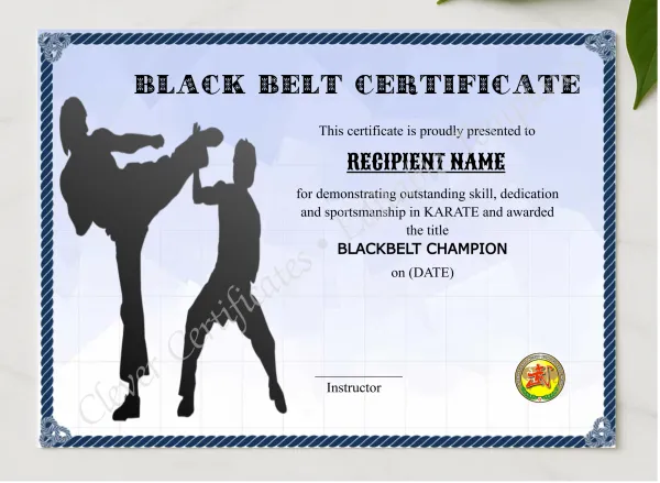 Printable Blackbelt Award presented in a sleek wooden frame, elegantly arranged on a stylish table.