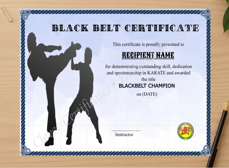 Professional preview of Printable Blackbelt Award certificate on high-quality stationery paper, ideal for showcasing the final look.