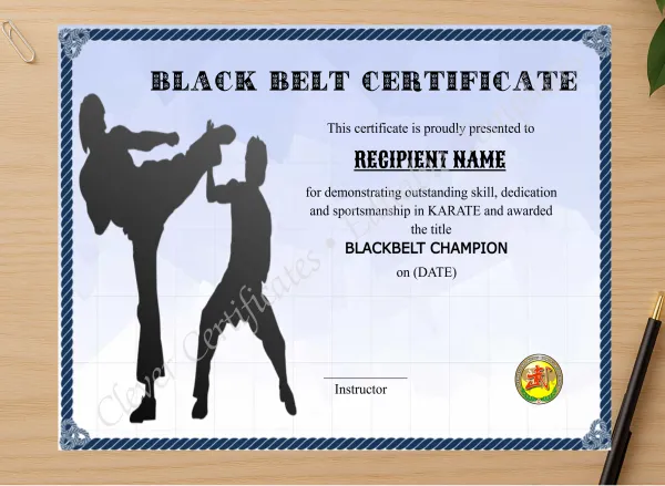 Professional preview of Printable Blackbelt Award certificate on high-quality stationery paper, ideal for showcasing the final look.