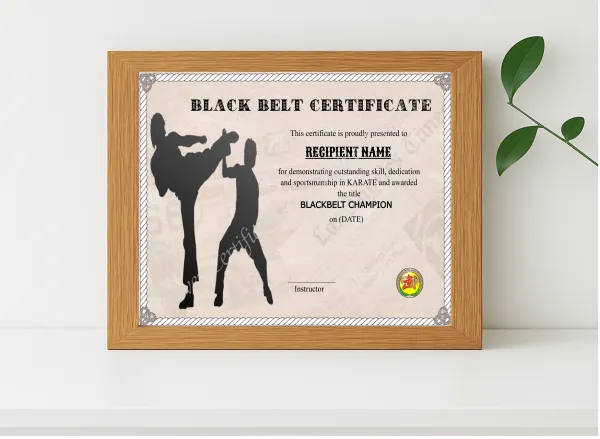 Realistic mockup featuring Customizable Blackbelt Award displayed within a modern frame, set against a minimalistic background.