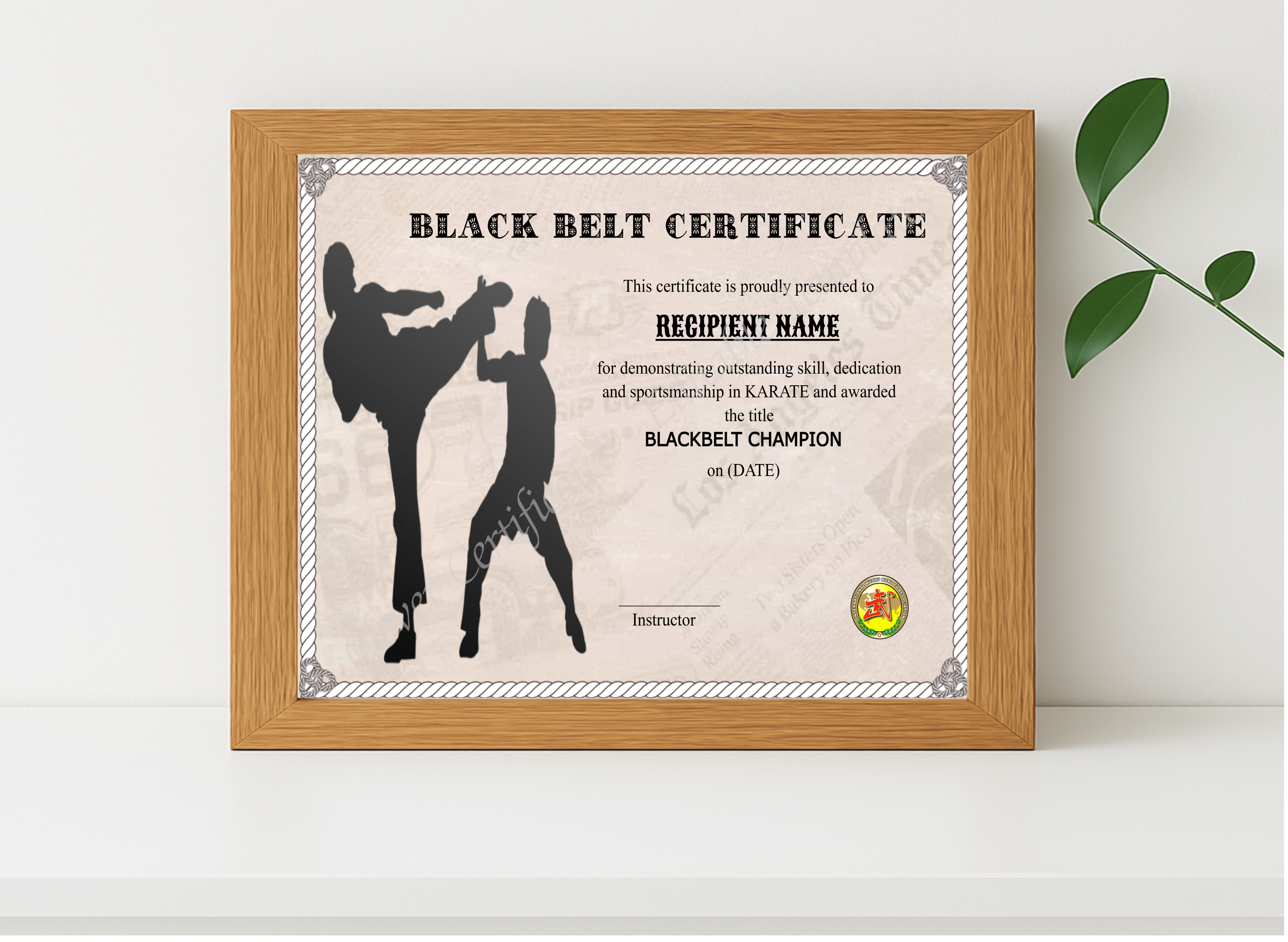 Realistic mockup featuring Customizable Blackbelt Award displayed within a modern frame, set against a minimalistic background.