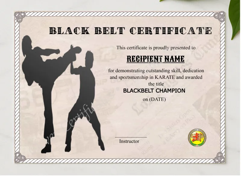 Customizable Blackbelt Award presented in a sleek wooden frame, elegantly arranged on a stylish table.