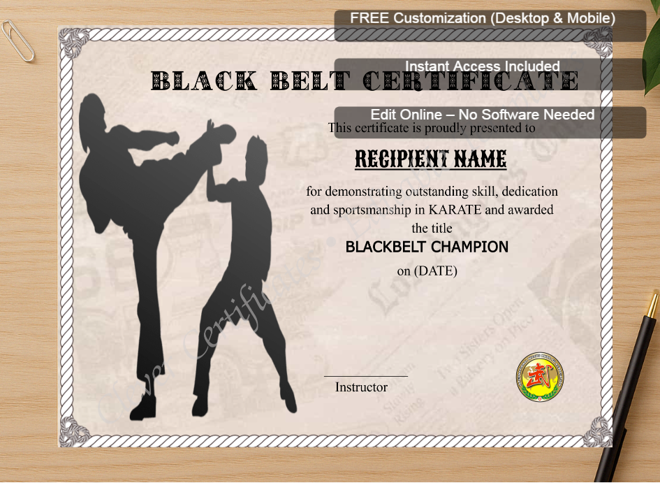 Zoomed preview with Free Editor badge stack for Customizable Blackbelt Award