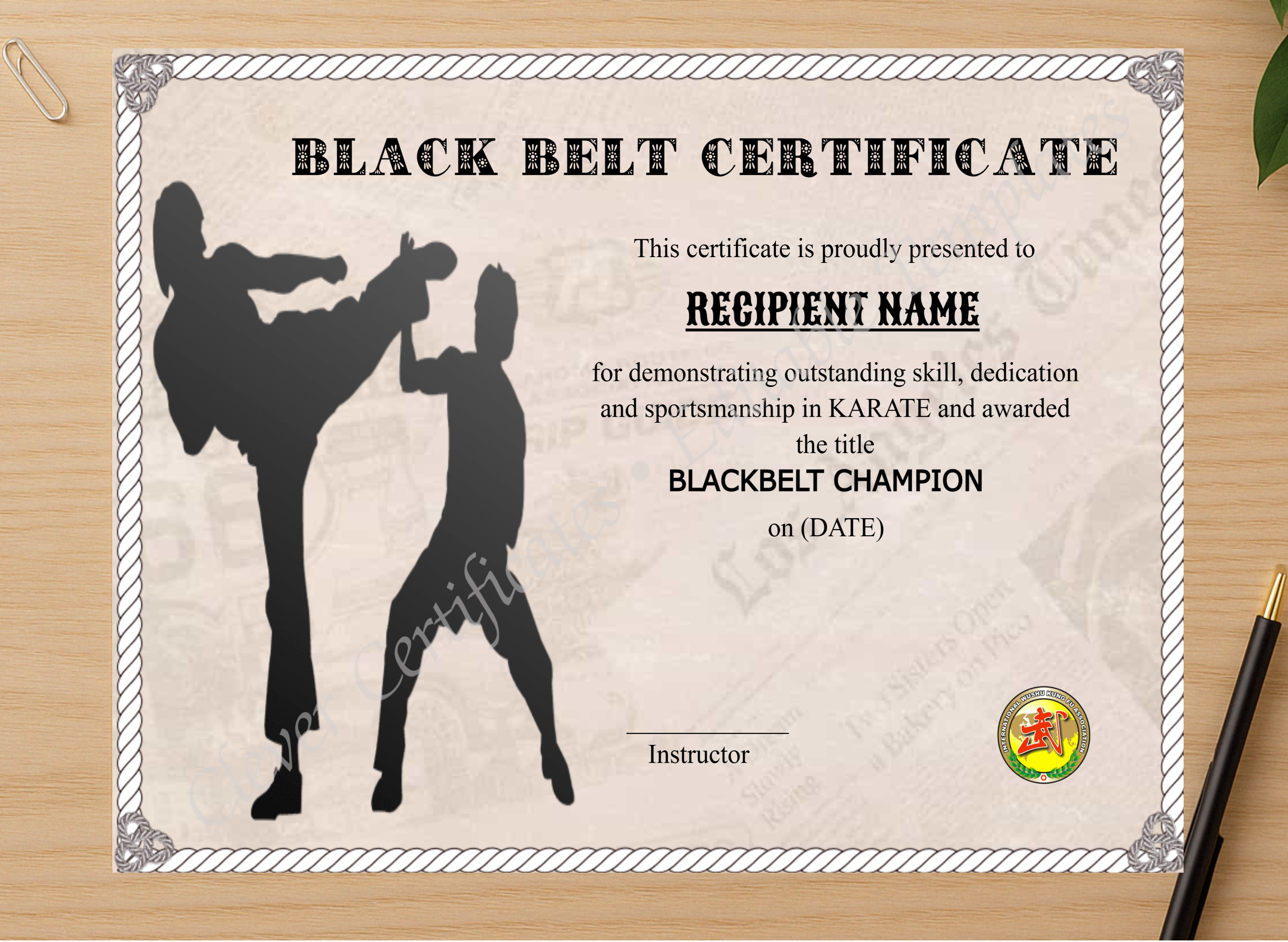 Professional preview of Customizable Blackbelt Award certificate on high-quality stationery paper, ideal for showcasing the final look.
