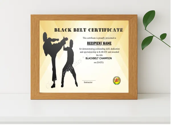 Realistic mockup featuring Elegant Blackbelt Award displayed within a modern frame, set against a minimalistic background.