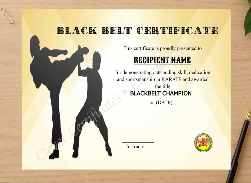 Professional preview of Elegant Blackbelt Award certificate on high-quality stationery paper, ideal for showcasing the final look.