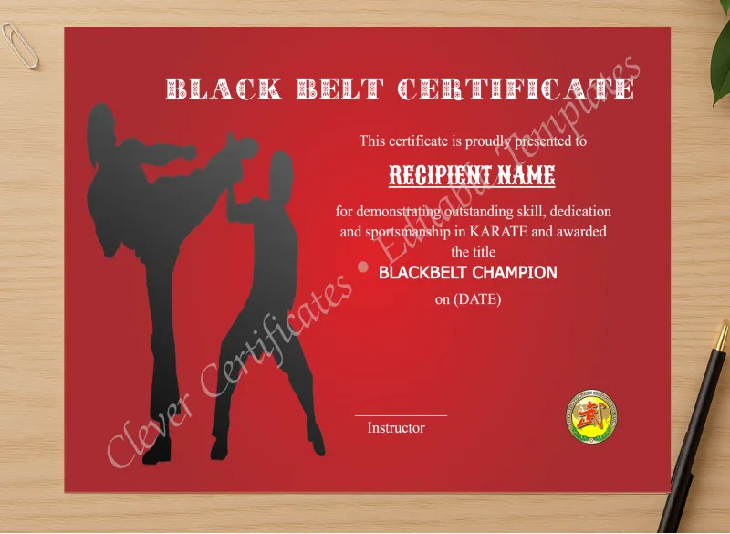 Professional preview of Modern Blackbelt Award certificate on high-quality stationery paper, ideal for showcasing the final look.