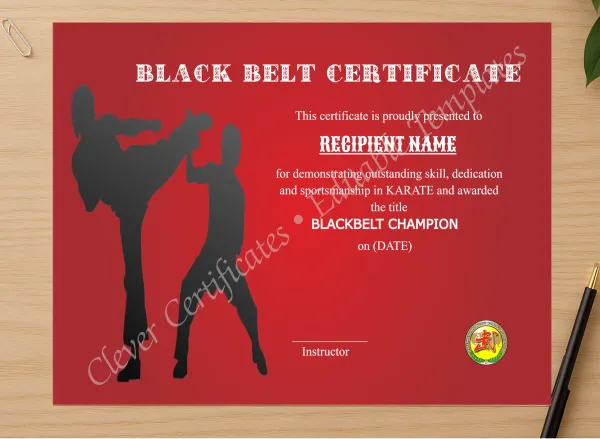 Professional preview of Modern Blackbelt Award certificate on high-quality stationery paper, ideal for showcasing the final look.