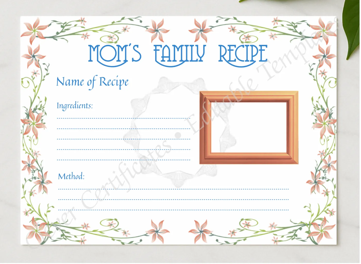 Favorite Family Recipe presented in a sleek wooden frame, elegantly arranged on a stylish table.