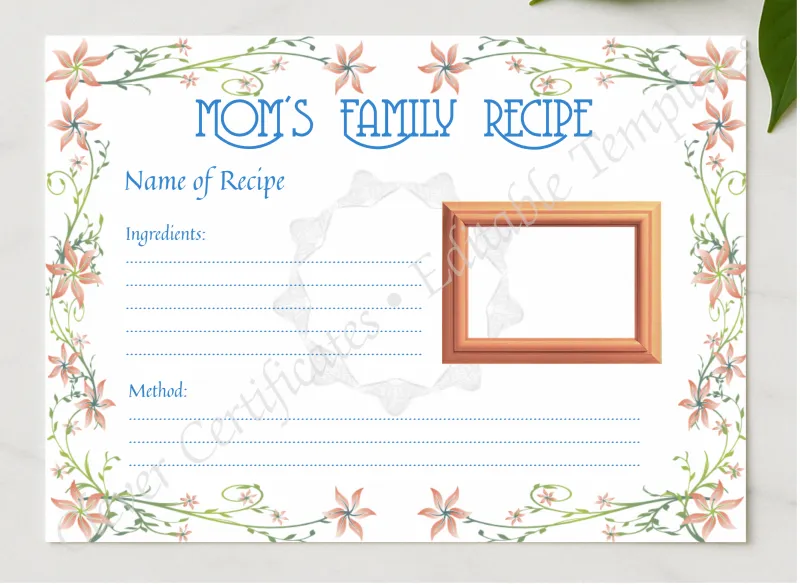 Favorite Family Recipe presented in a sleek wooden frame, elegantly arranged on a stylish table.