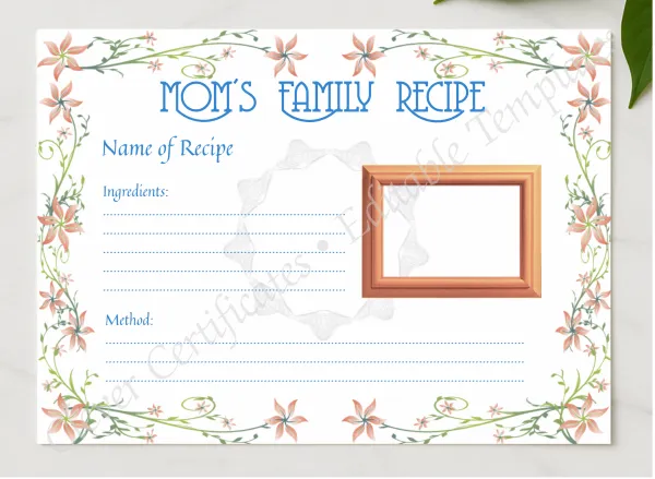 Favorite Family Recipe presented in a sleek wooden frame, elegantly arranged on a stylish table.