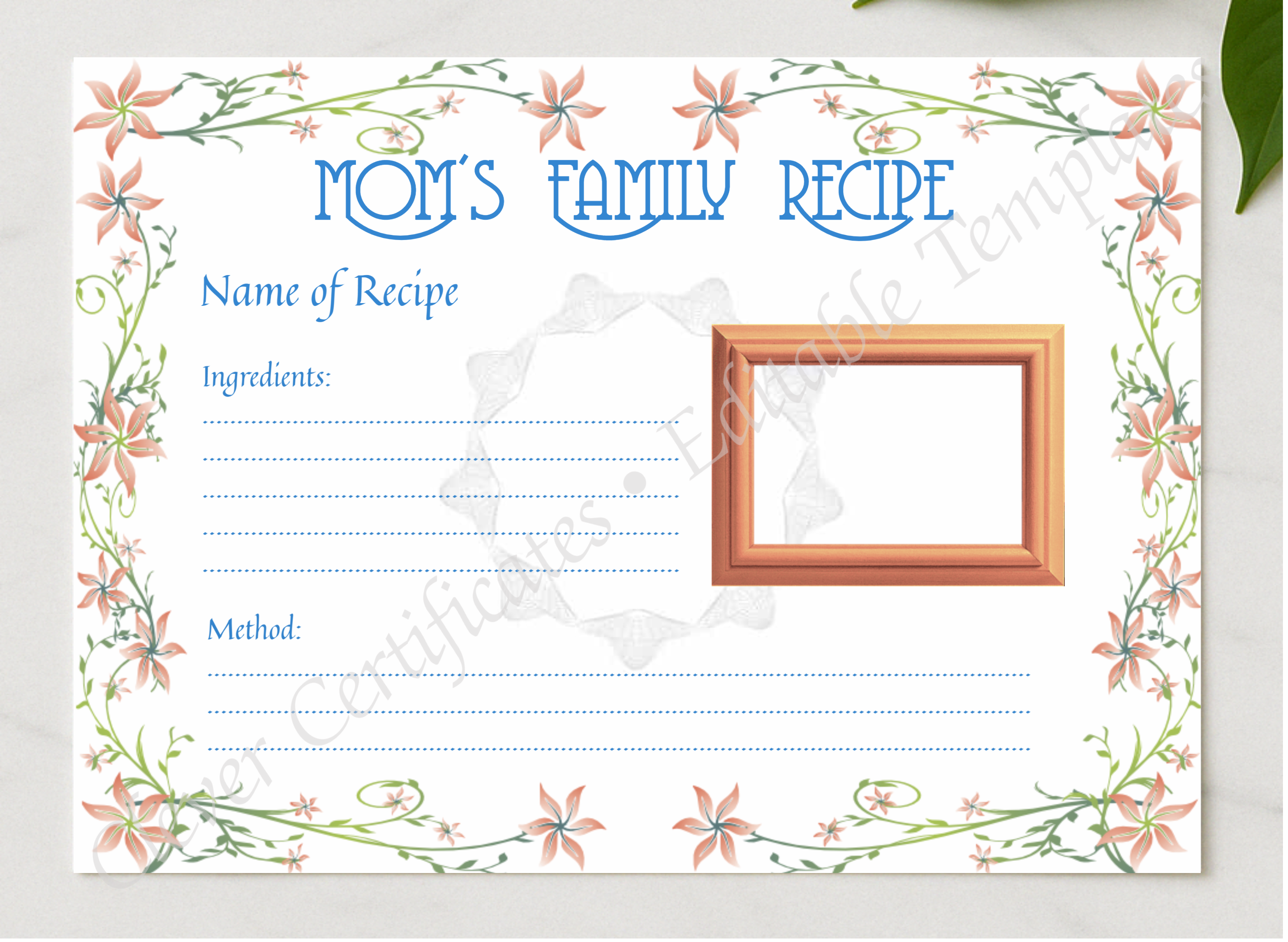 Favorite Family Recipe presented in a sleek wooden frame, elegantly arranged on a stylish table.