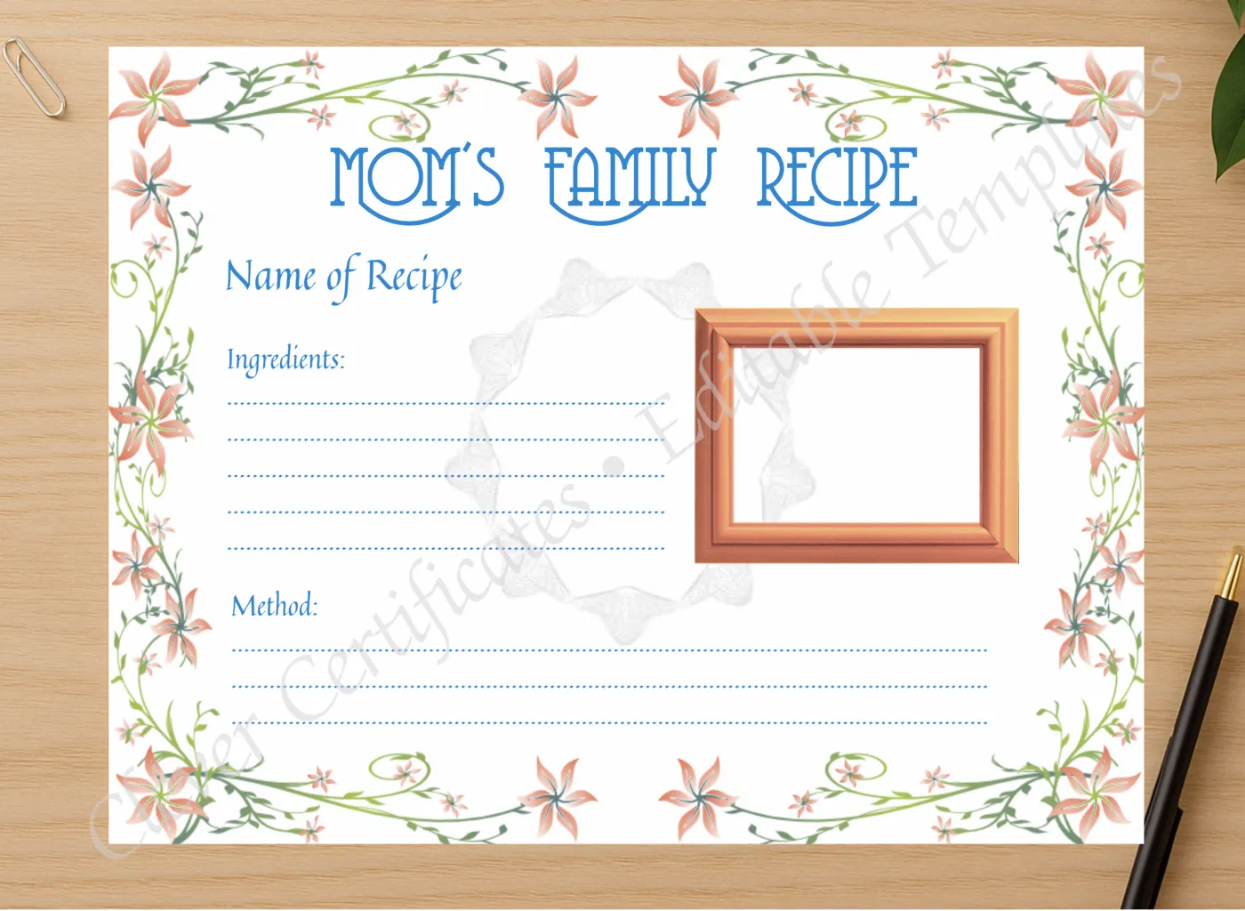 Professional preview of Favorite Family Recipe certificate on high-quality stationery paper, ideal for showcasing the final look.