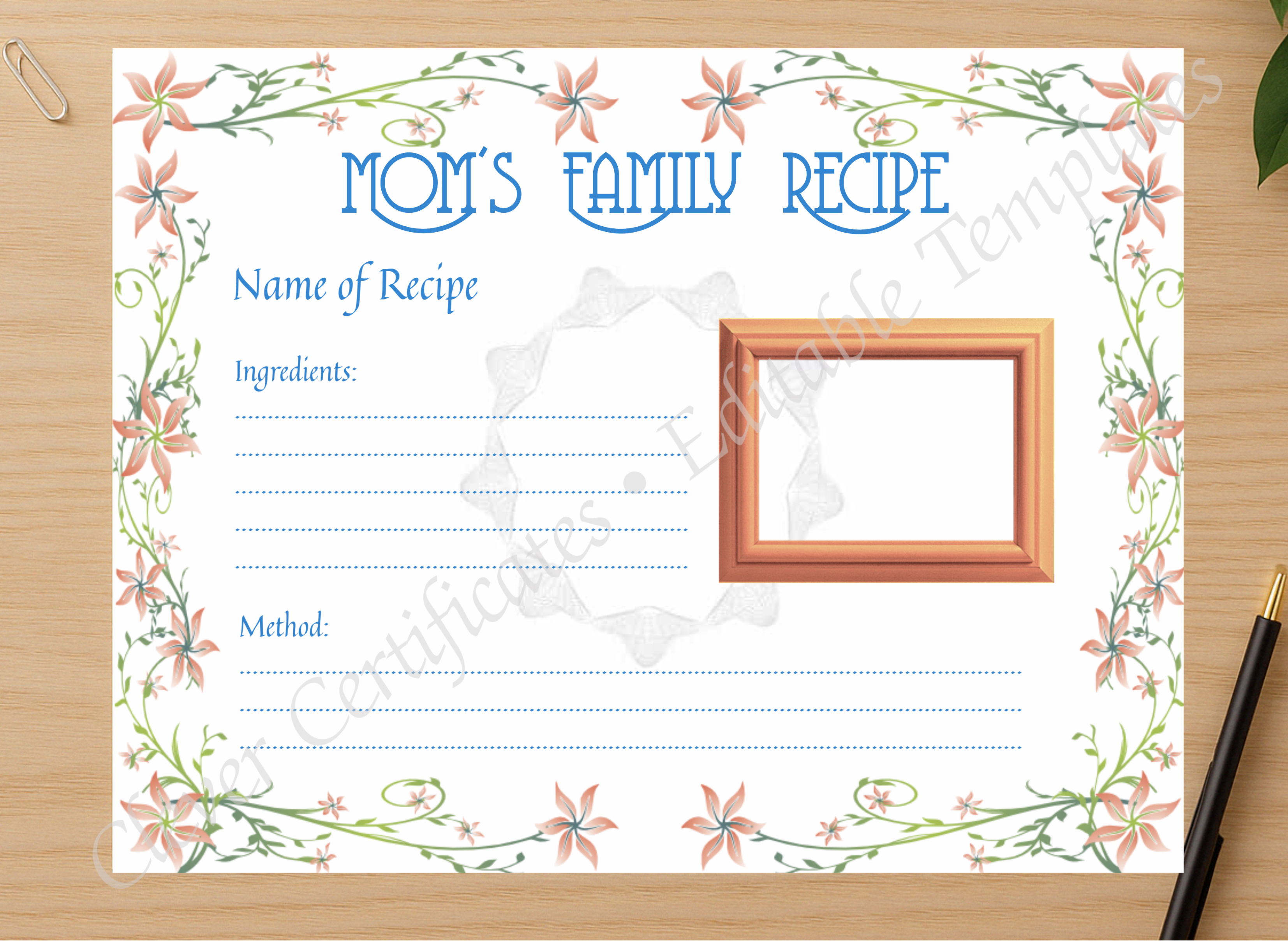 Professional preview of Favorite Family Recipe certificate on high-quality stationery paper, ideal for showcasing the final look.
