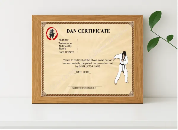 Realistic mockup featuring Editable Dan Certificate displayed within a modern frame, set against a minimalistic background.
