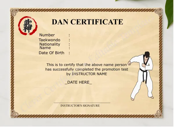 Editable Dan Certificate presented in a sleek wooden frame, elegantly arranged on a stylish table.