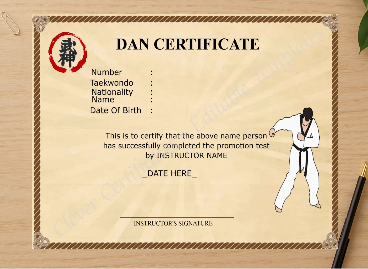 Professional preview of Editable Dan Certificate certificate on high-quality stationery paper, ideal for showcasing the final look.