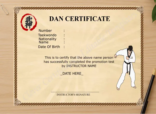 Professional preview of Editable Dan Certificate certificate on high-quality stationery paper, ideal for showcasing the final look.