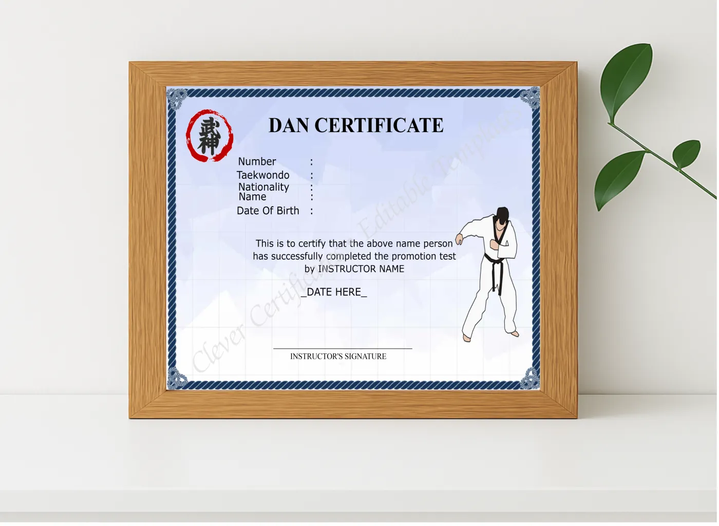 Realistic mockup featuring Printable Dan Certificate displayed within a modern frame, set against a minimalistic background.