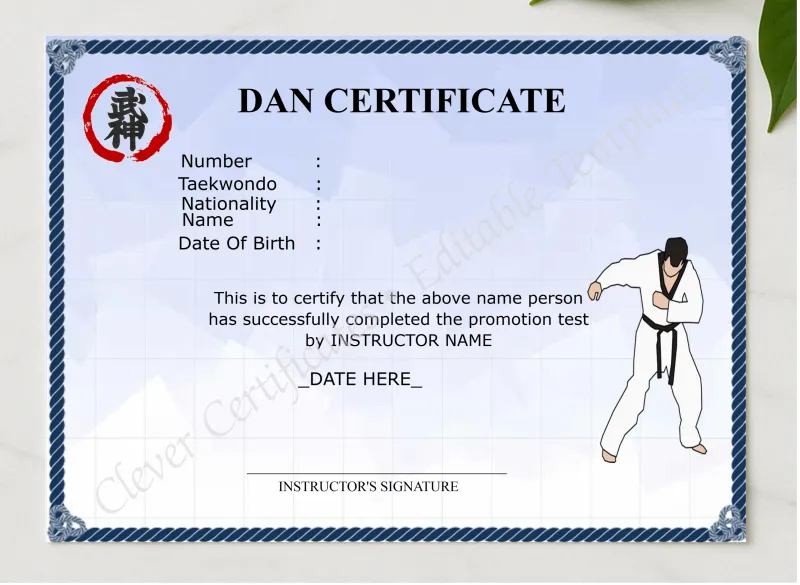 Printable Dan Certificate presented in a sleek wooden frame, elegantly arranged on a stylish table.